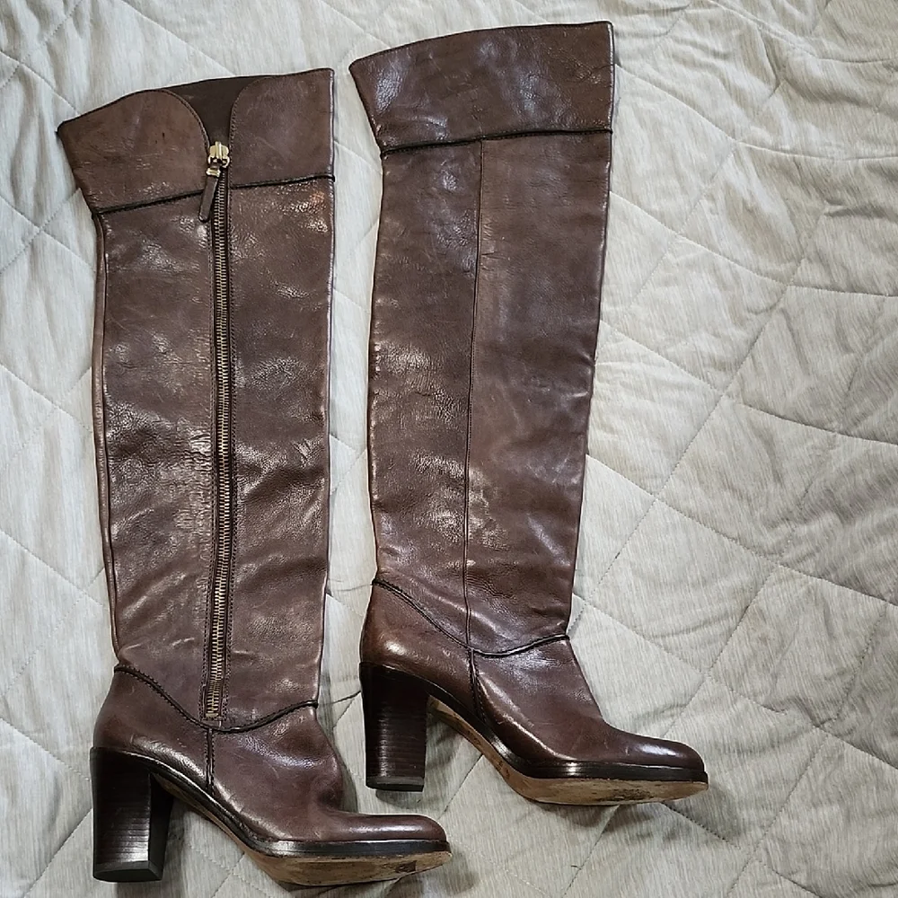 Via Spiga Genuine Leather Brown Over The Knee Leather Boots Heeled Zip Up Size 8